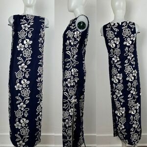 VTG 60Ss 70s Hawaiian Maxi Dress Floral White Navy Blue Side Slits Cotton SZ S